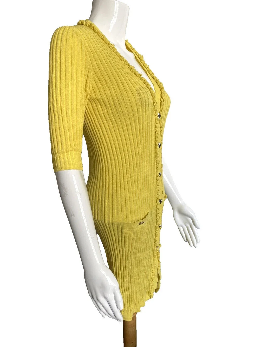 Vintage Chanel 09P Yellow Ribbed Knit Cardigan Sweater Dress FR-34 Button Ruffle